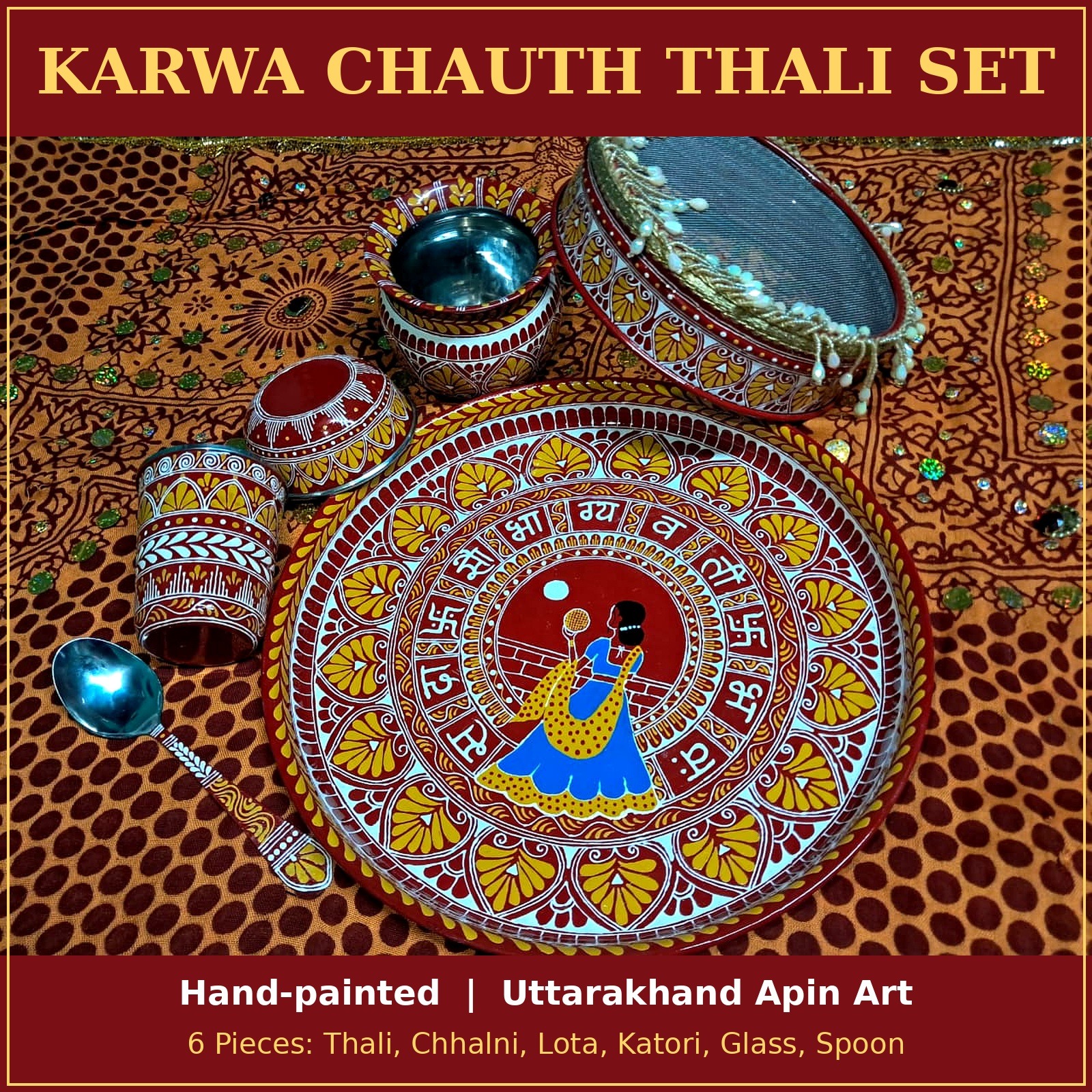 Six-piece handmade Karwa Chauth thali set and its components